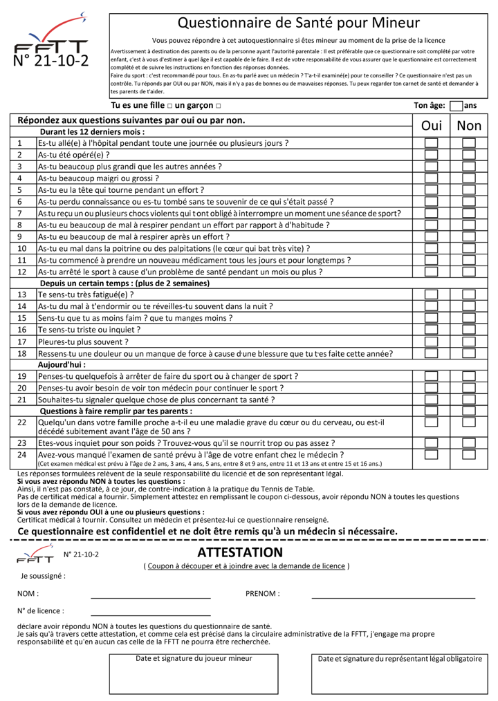 Questionnaire médical Mineurs